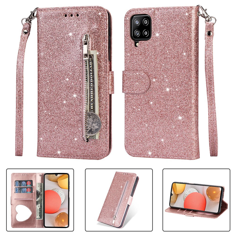 Flash Powder Zipper Fick Plånbok Flip Lädermobilskal med Rem till Samsung Galaxy A12