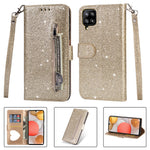 Flash Powder Zipper Fick Plånbok Flip Lädermobilskal med Rem till Samsung Galaxy A12