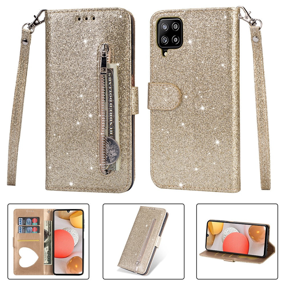 Flash Powder Zipper Fick Plånbok Flip Lädermobilskal med Rem till Samsung Galaxy A12