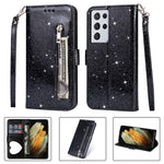 Flash Powder Zipper Pocket Wallet Flip Leather Phone Case with Strap for Samsung Galaxy S21 Ultra 5G