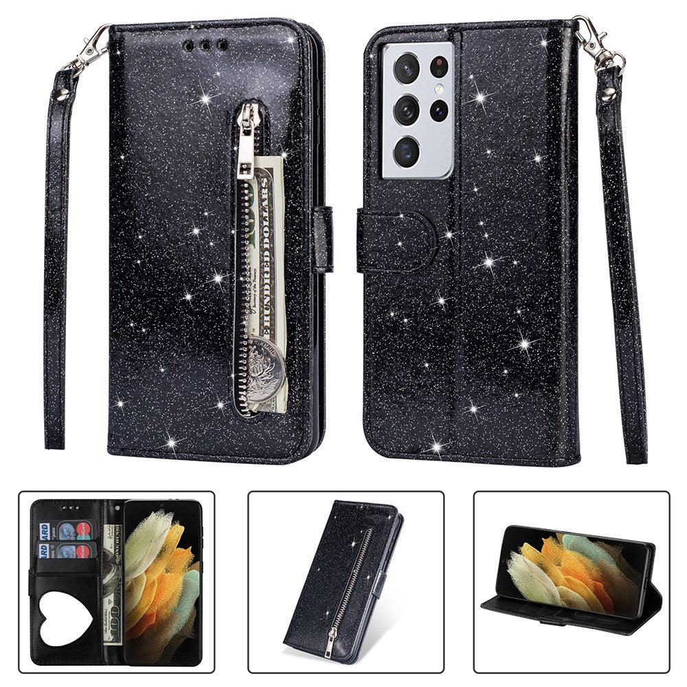 Flash Powder Zipper Pocket Wallet Flip Leather Phone Case with Strap for Samsung Galaxy S21 Ultra 5G