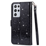 Flash Powder Zipper Pocket Wallet Flip Leather Phone Case with Strap for Samsung Galaxy S21 Ultra 5G