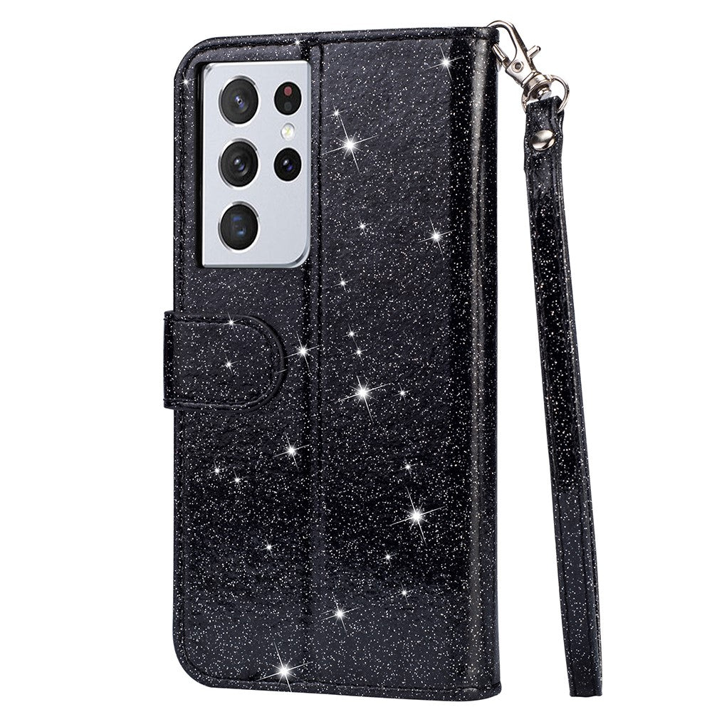 Flash Powder Zipper Pocket Wallet Flip Leather Phone Case with Strap for Samsung Galaxy S21 Ultra 5G