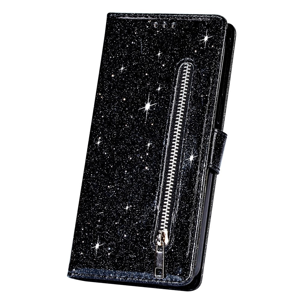 Flash Powder Zipper Pocket Wallet Flip Leather Phone Case with Strap for Samsung Galaxy S21 Ultra 5G