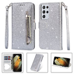 Flash Powder Zipper Pocket Wallet Flip Leather Phone Case with Strap for Samsung Galaxy S21 Ultra 5G