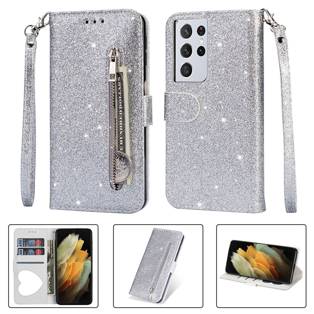 Flash Powder Zipper Pocket Wallet Flip Leather Phone Case with Strap for Samsung Galaxy S21 Ultra 5G