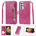 Flash Powder Zipper Pocket Wallet Flip Leather Phone Case with Strap for Samsung Galaxy S21 Ultra 5G