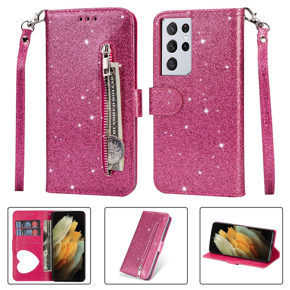 Flash Powder Zipper Pocket Wallet Flip Leather Phone Case with Strap for Samsung Galaxy S21 Ultra 5G