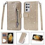 Flash Powder Zipper Pocket Wallet Flip Leather Phone Case with Strap for Samsung Galaxy S21 Ultra 5G