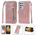 Flash Powder Zipper Pocket Wallet Flip Leather Phone Case with Strap for Samsung Galaxy S21 Ultra 5G