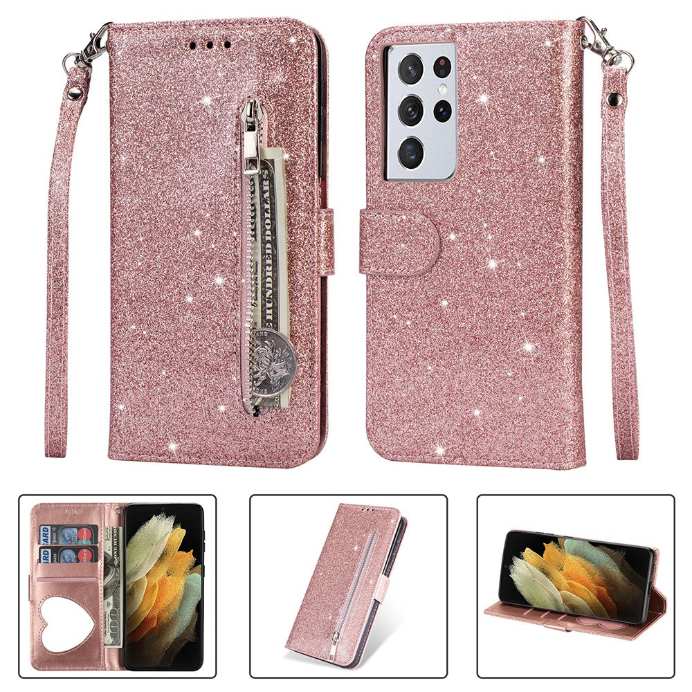 Flash Powder Zipper Pocket Wallet Flip Leather Phone Case with Strap for Samsung Galaxy S21 Ultra 5G