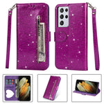 Flash Powder Zipper Pocket Wallet Flip Leather Phone Case with Strap for Samsung Galaxy S21 Ultra 5G