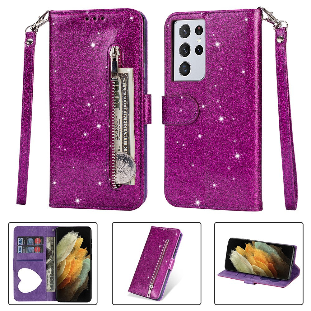 Flash Powder Zipper Pocket Wallet Flip Leather Phone Case with Strap for Samsung Galaxy S21 Ultra 5G