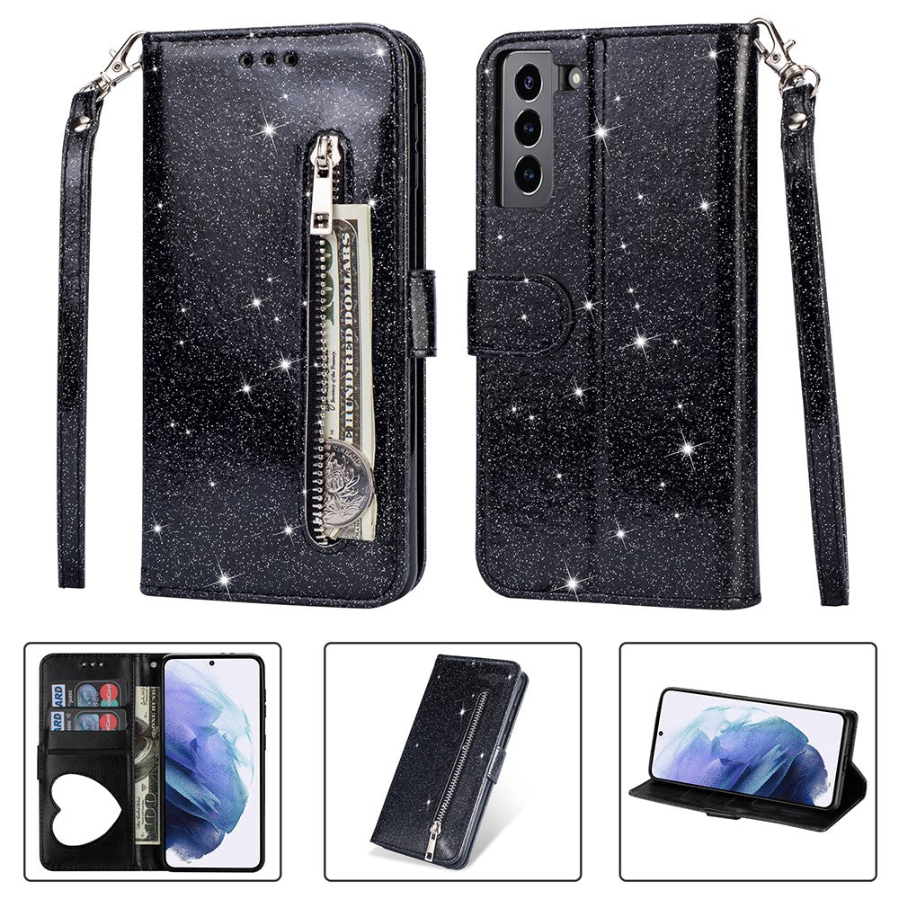 Flash Powder Zipper Pocket Wallet Flip Leather Phone Case with Strap for Samsung Galaxy S21 4G/5G
