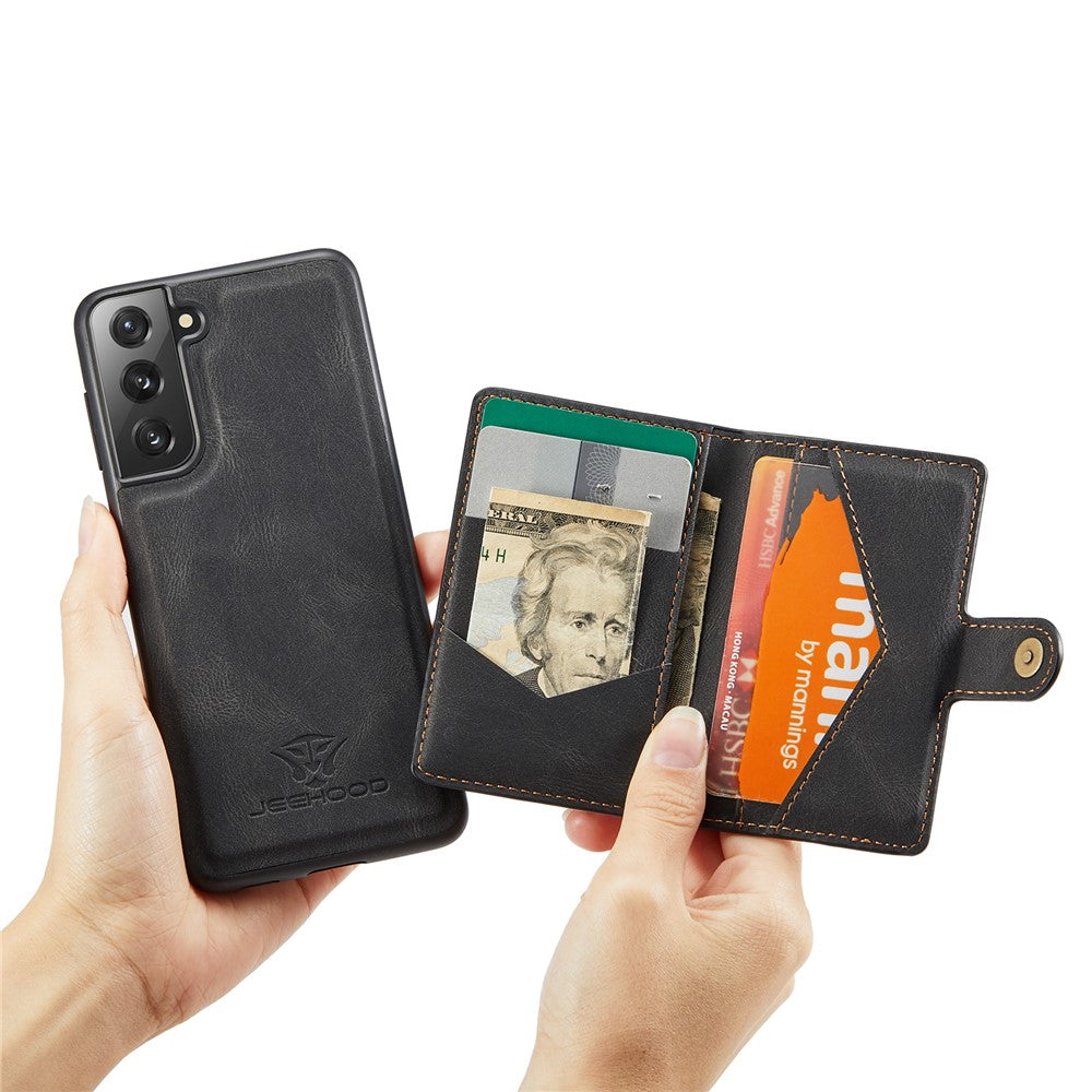 JEEHOOD Magnetisk Pung Design Aftageligt 2-i-1 Læderbelagt TPU Cover til Samsung Galaxy S21 4G/5G