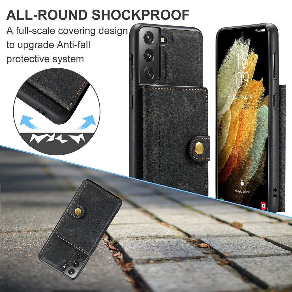 JEEHOOD Magnetisk Plånboksdesign Avtagbart 2-i-1 Läderbelagt TPU-skal för Samsung Galaxy S21 4G/5G