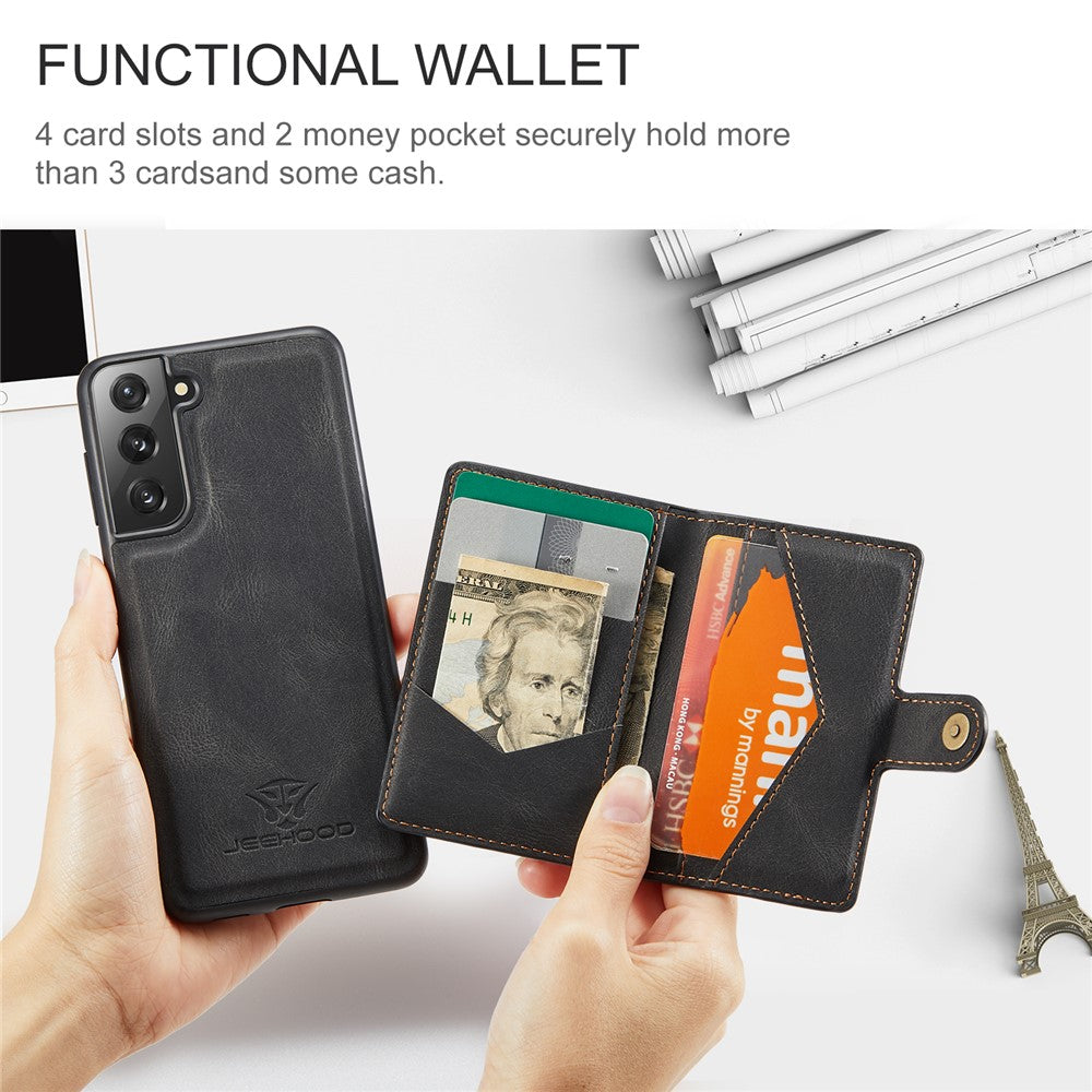 JEEHOOD Magnetisk Pung Design Aftageligt 2-i-1 Læderbelagt TPU Cover til Samsung Galaxy S21 4G/5G