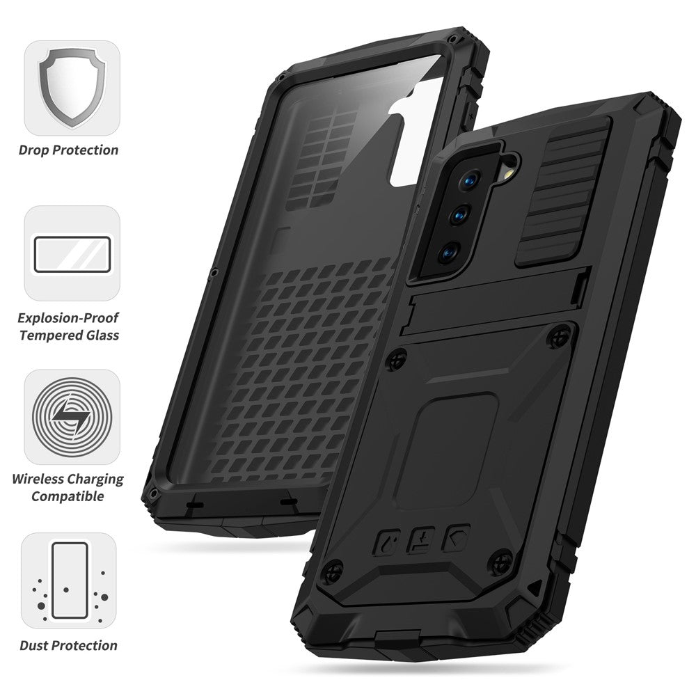 R-JUST Stødsikkert Støvtæt Kickstand TPU+Metal Beskyttelsescover Kickstand Shell til Samsung Galaxy S21+ 5G
