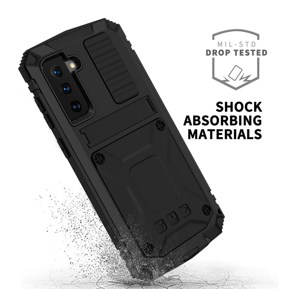 R-JUST Stødsikkert Støvtæt Kickstand TPU+Metal Beskyttelsescover Kickstand Shell til Samsung Galaxy S21+ 5G