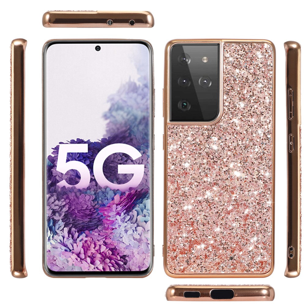 Glittering Sequins Design Plated TPU Frame + PC Hybrid Shell Case for Samsung Galaxy S21 Ultra 5G
