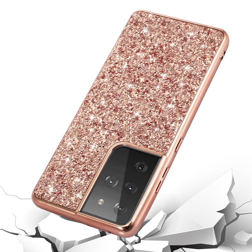 Glittering Sequins Design Plated TPU Frame + PC Hybrid Shell Case for Samsung Galaxy S21 Ultra 5G