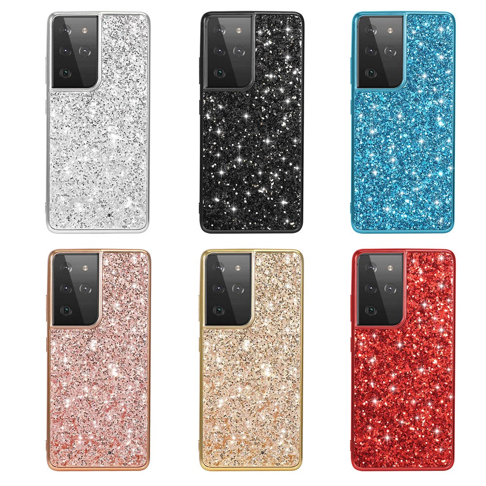 Glittering Sequins Design Plated TPU Frame + PC Hybrid Shell Case for Samsung Galaxy S21 Ultra 5G