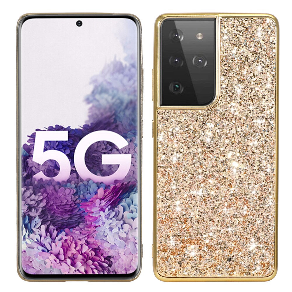 Glittering Sequins Design Plated TPU Frame + PC Hybrid Shell Case for Samsung Galaxy S21 Ultra 5G