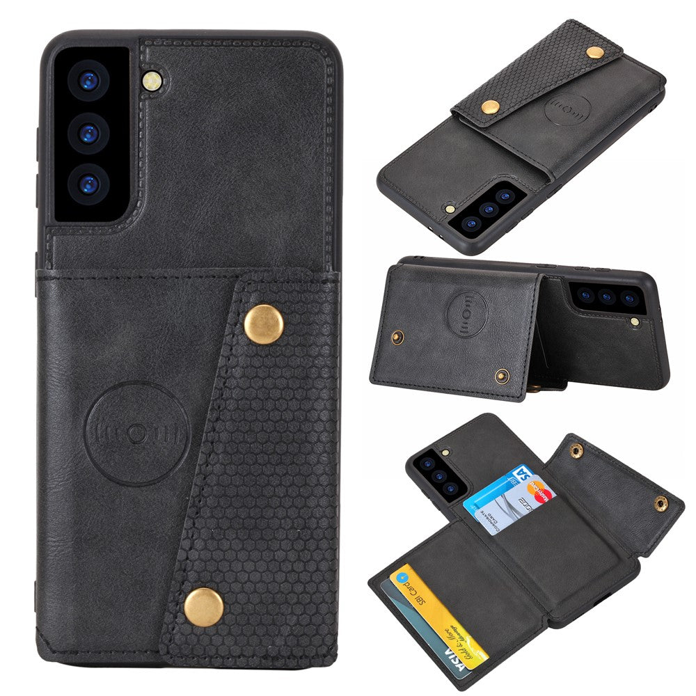 [Indbygget magnetisk bilplade] PU-læderbelagt TPU-skalcover med kickstand + kortlommer til Samsung Galaxy S21 Plus 5G