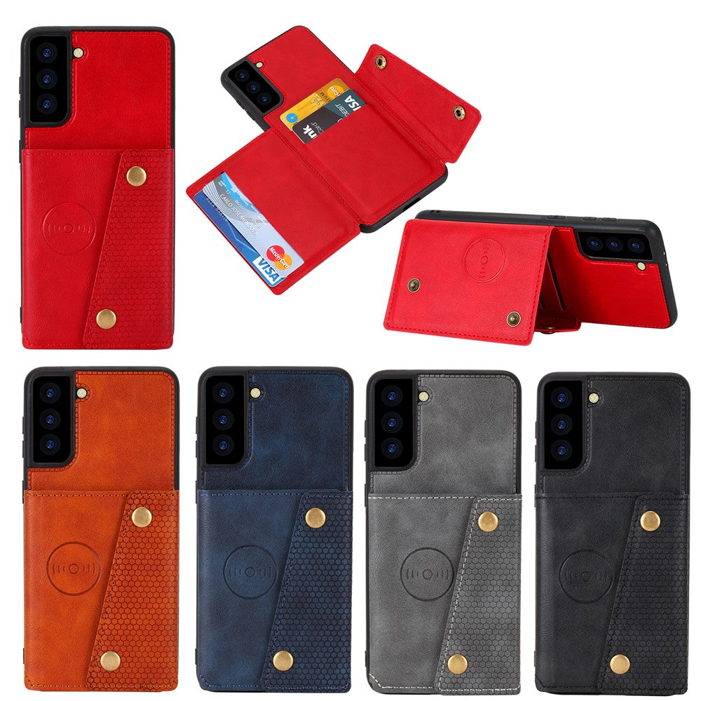 [Indbygget magnetisk bilplade] PU-læderbelagt TPU-skalcover med kickstand + kortlommer til Samsung Galaxy S21 Plus 5G
