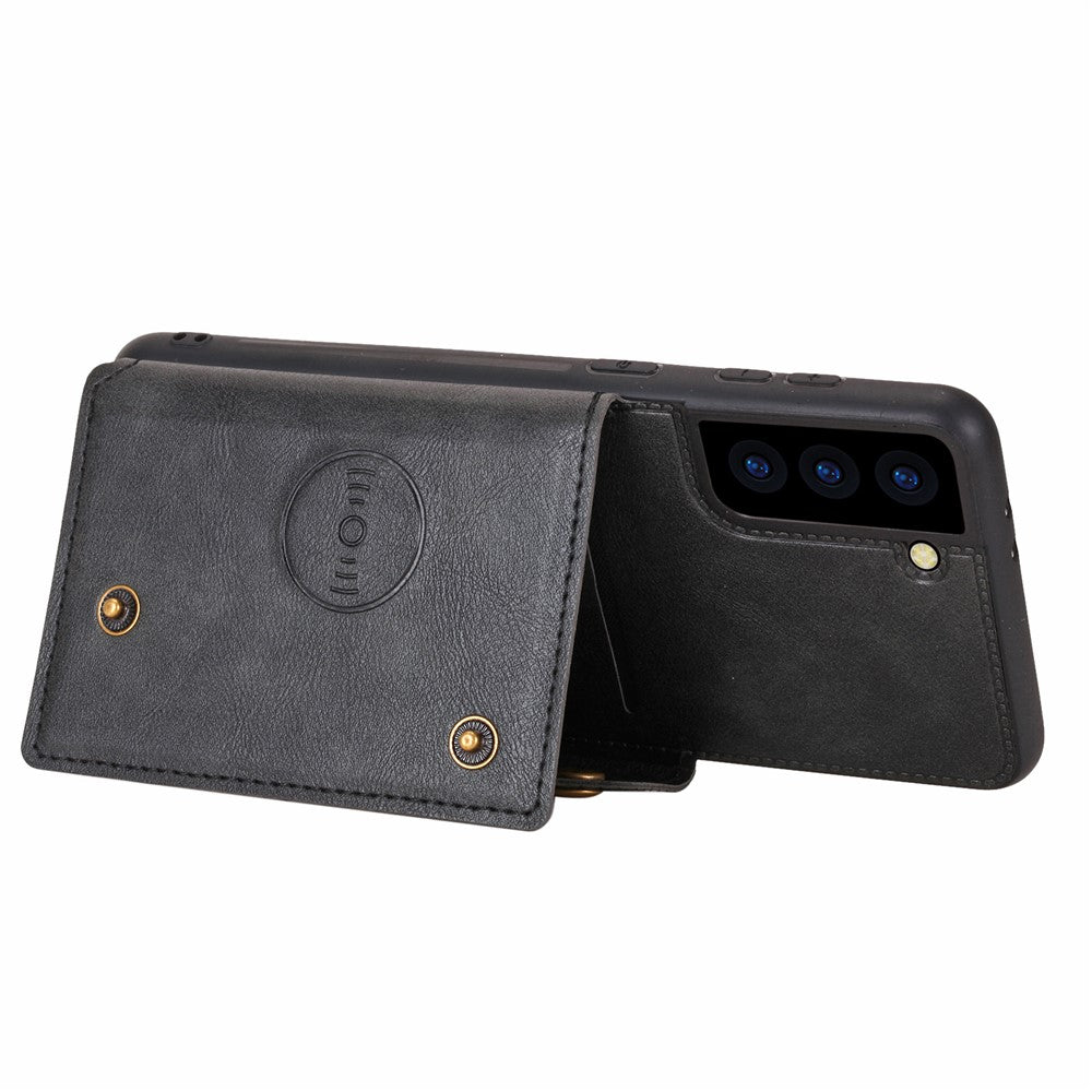 [Indbygget magnetisk bilplade] PU-læderbelagt TPU-skalcover med kickstand + kortlommer til Samsung Galaxy S21 Plus 5G