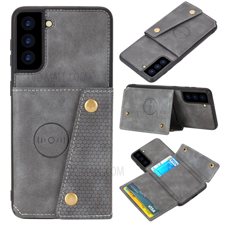 [Built-in Vehicle Magnetic Sheet] PU Leather Coated TPU Shell Case Kickstand + Card Slots for Samsung Galaxy S21 Plus 5G