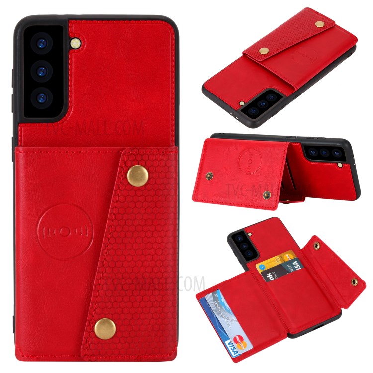 [Built-in Vehicle Magnetic Sheet] PU Leather Coated TPU Shell Case Kickstand + Card Slots for Samsung Galaxy S21 Plus 5G