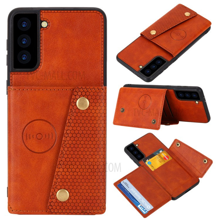 [Built-in Vehicle Magnetic Sheet] PU Leather Coated TPU Shell Case Kickstand + Card Slots for Samsung Galaxy S21 Plus 5G
