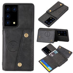 Kortfackdesign i PU-läderbelagt TPU-skal med stativ + inbyggt magnetiskt ark för Samsung Galaxy S21 Ultra 5G