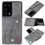 Kortfackdesign i PU-läderbelagt TPU-skal med stativ + inbyggt magnetiskt ark för Samsung Galaxy S21 Ultra 5G