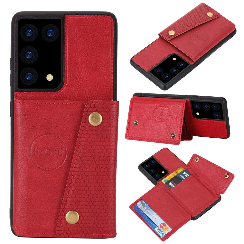 Kortfackdesign i PU-läderbelagt TPU-skal med stativ + inbyggt magnetiskt ark för Samsung Galaxy S21 Ultra 5G