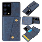 Kortfackdesign i PU-läderbelagt TPU-skal med stativ + inbyggt magnetiskt ark för Samsung Galaxy S21 Ultra 5G