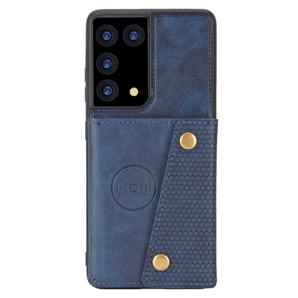Kortfackdesign i PU-läderbelagt TPU-skal med stativ + inbyggt magnetiskt ark för Samsung Galaxy S21 Ultra 5G