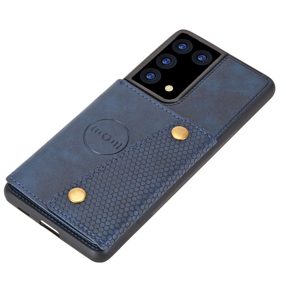 Kortfackdesign i PU-läderbelagt TPU-skal med stativ + inbyggt magnetiskt ark för Samsung Galaxy S21 Ultra 5G