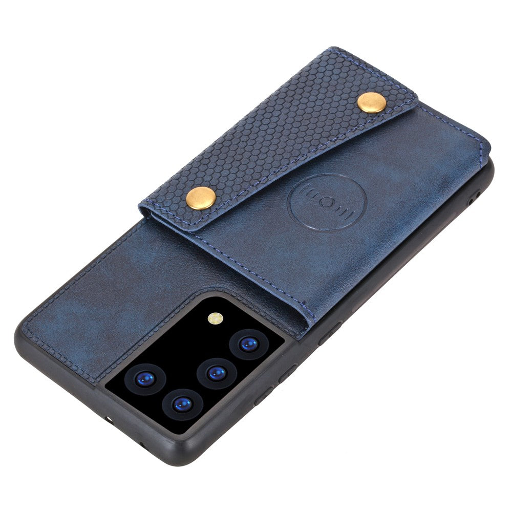 Kortfackdesign i PU-läderbelagt TPU-skal med stativ + inbyggt magnetiskt ark för Samsung Galaxy S21 Ultra 5G