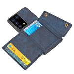 Kortfackdesign i PU-läderbelagt TPU-skal med stativ + inbyggt magnetiskt ark för Samsung Galaxy S21 Ultra 5G