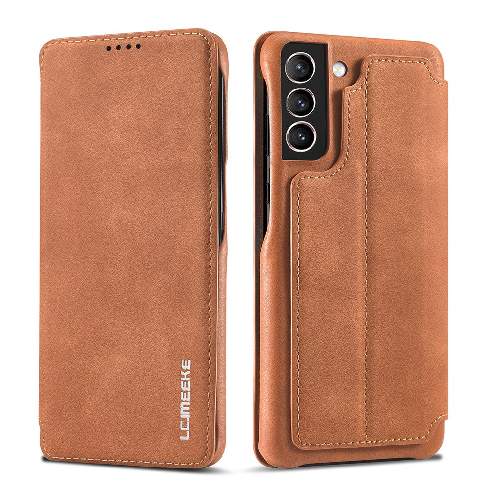 For Samsung Galaxy S21 4G/5G LC.IMEEKE Retro Style Protective Stand Leather Case with Card Holder