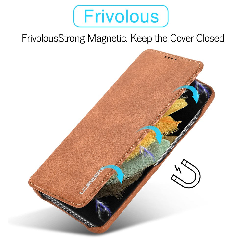 LC.IMEEKE Retro Style Protector Stand Leather Case with Card Holder for Samsung Galaxy S21 Ultra 5G