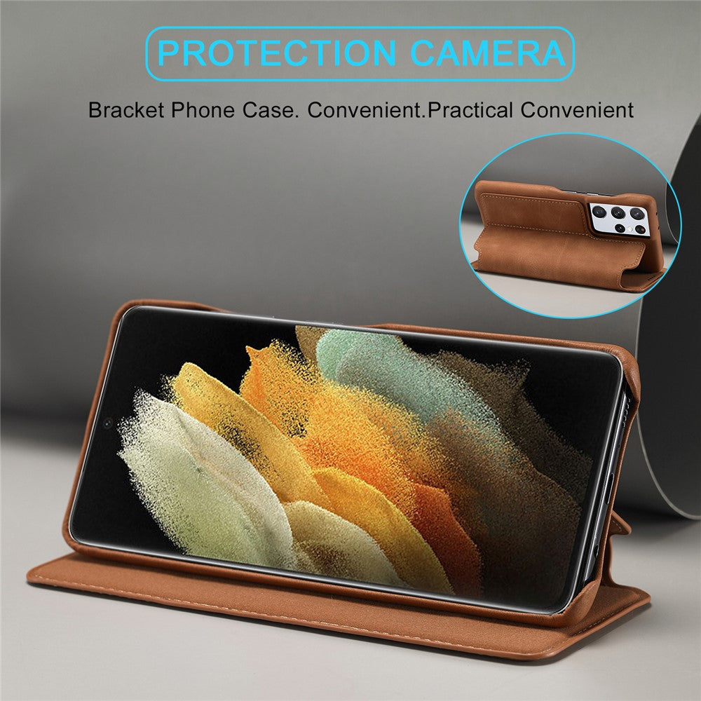 LC.IMEEKE Retro Style Protector Stand Leather Case with Card Holder for Samsung Galaxy S21 Ultra 5G