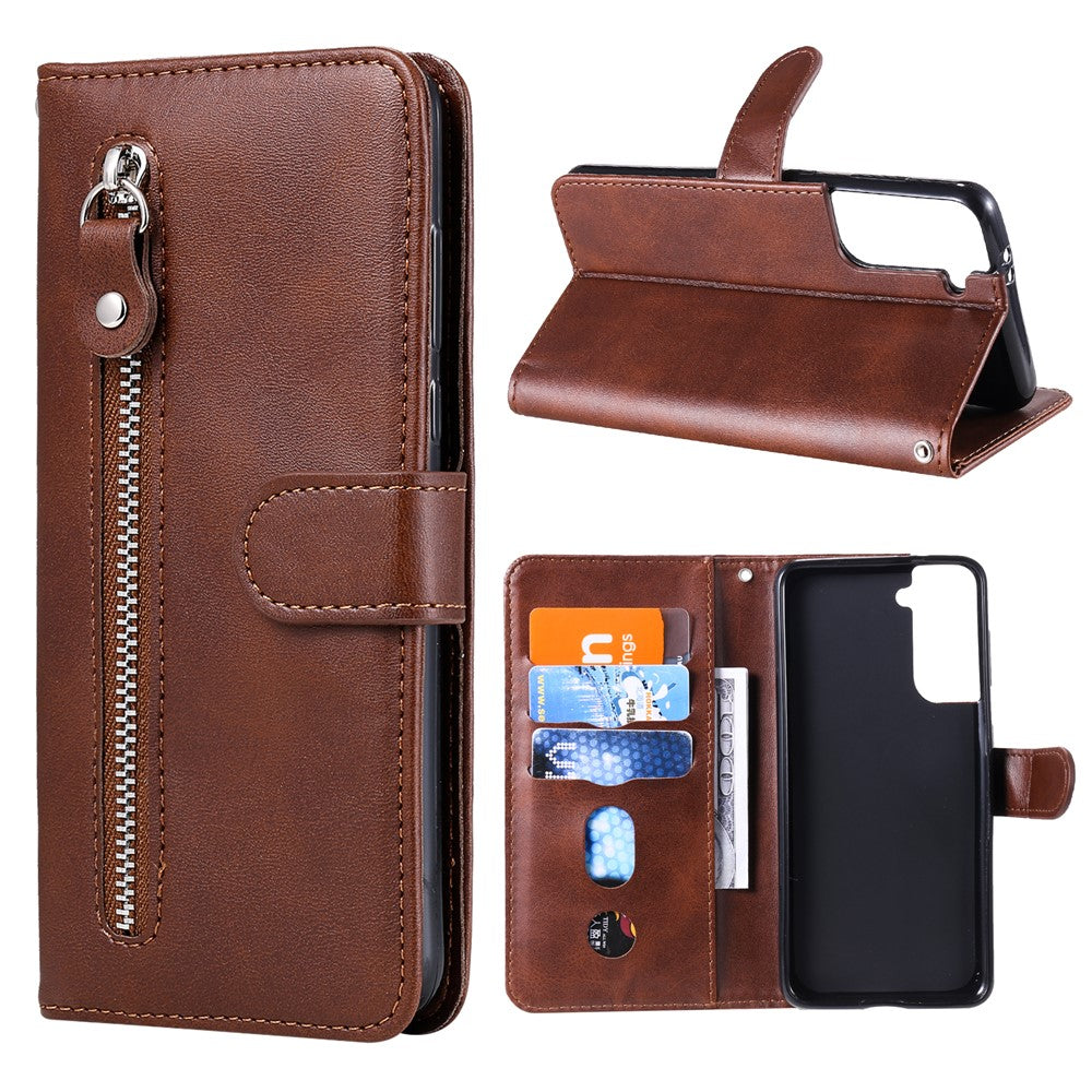For Samsung Galaxy S21 4G/5G Zipper Pocket Leather Wallet Stand Case