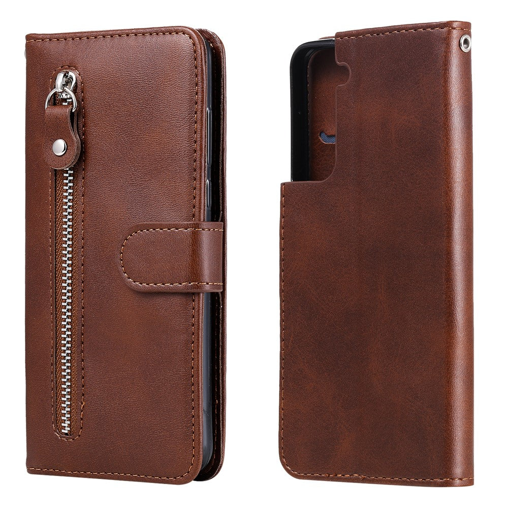 For Samsung Galaxy S21 4G/5G Zipper Pocket Leather Wallet Stand Case