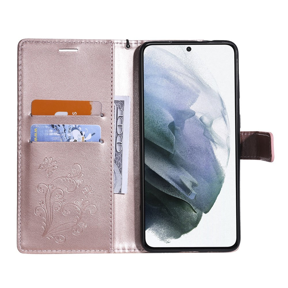 Samsung Galaxy S21 4G / 5G tegnebogsetui i læder med blomstret sommerfugletryk og stativ