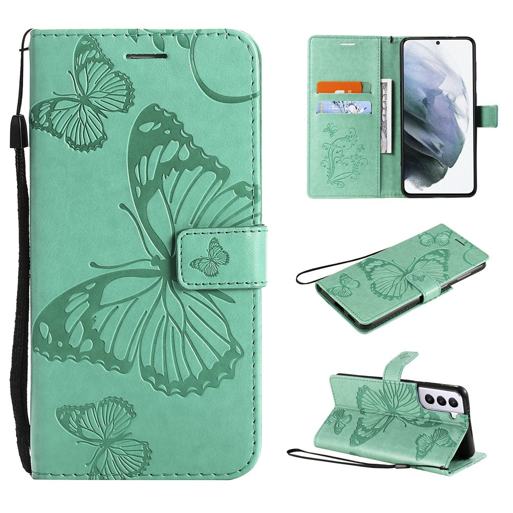 Samsung Galaxy S21 4G / 5G tegnebogsetui i læder med blomstret sommerfugletryk og stativ