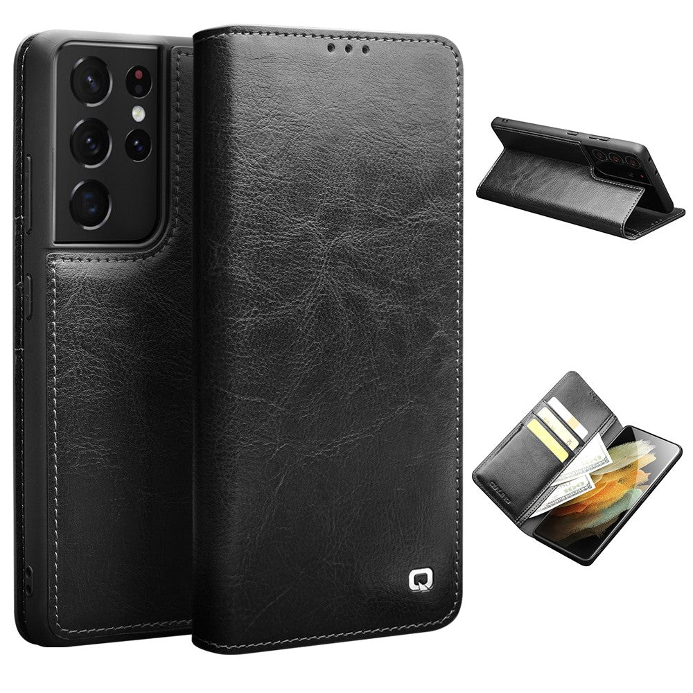 QIALINO Genuine Leather Phone Cover for Samsung Galaxy S21 Ultra 5G Stand Wallet Folio Flip Case