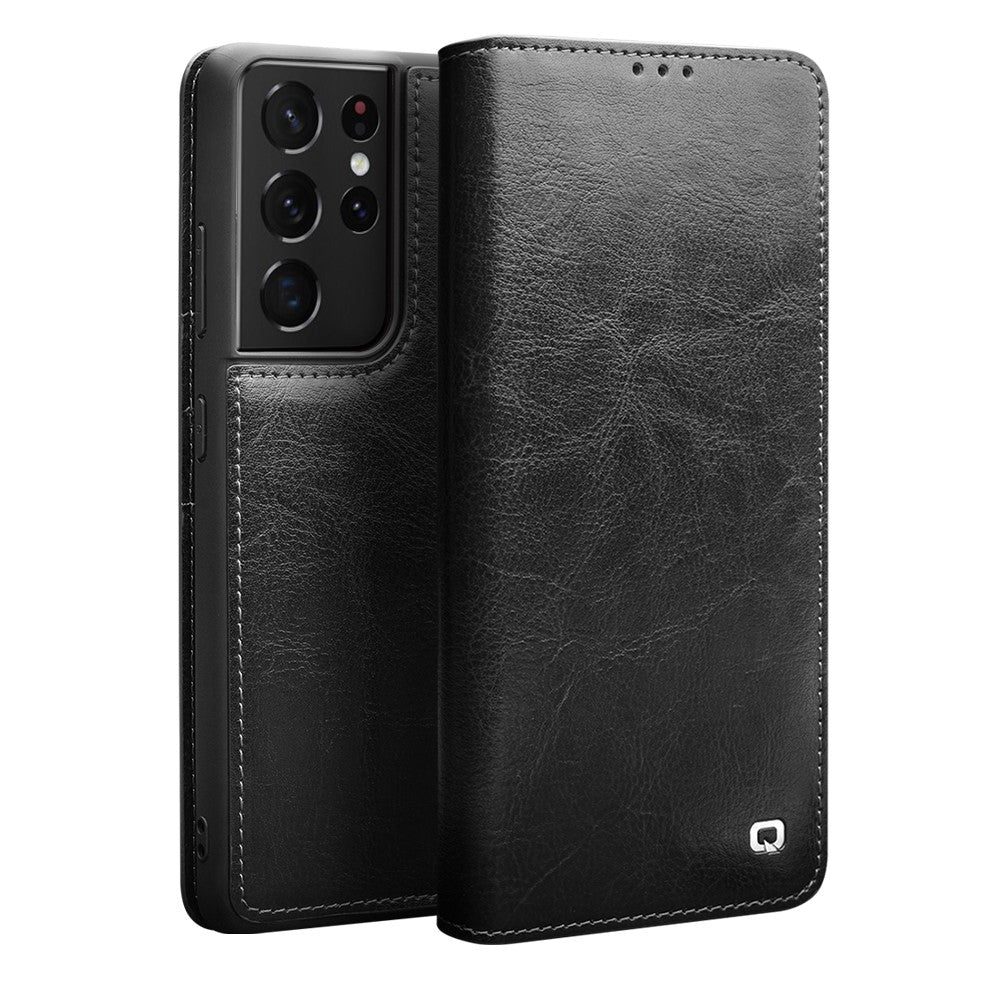 QIALINO Äkta Läder Mobilskal till Samsung Galaxy S21 Ultra 5G Stativ Plånboksfodral i Folio-format med Flip-Fodral